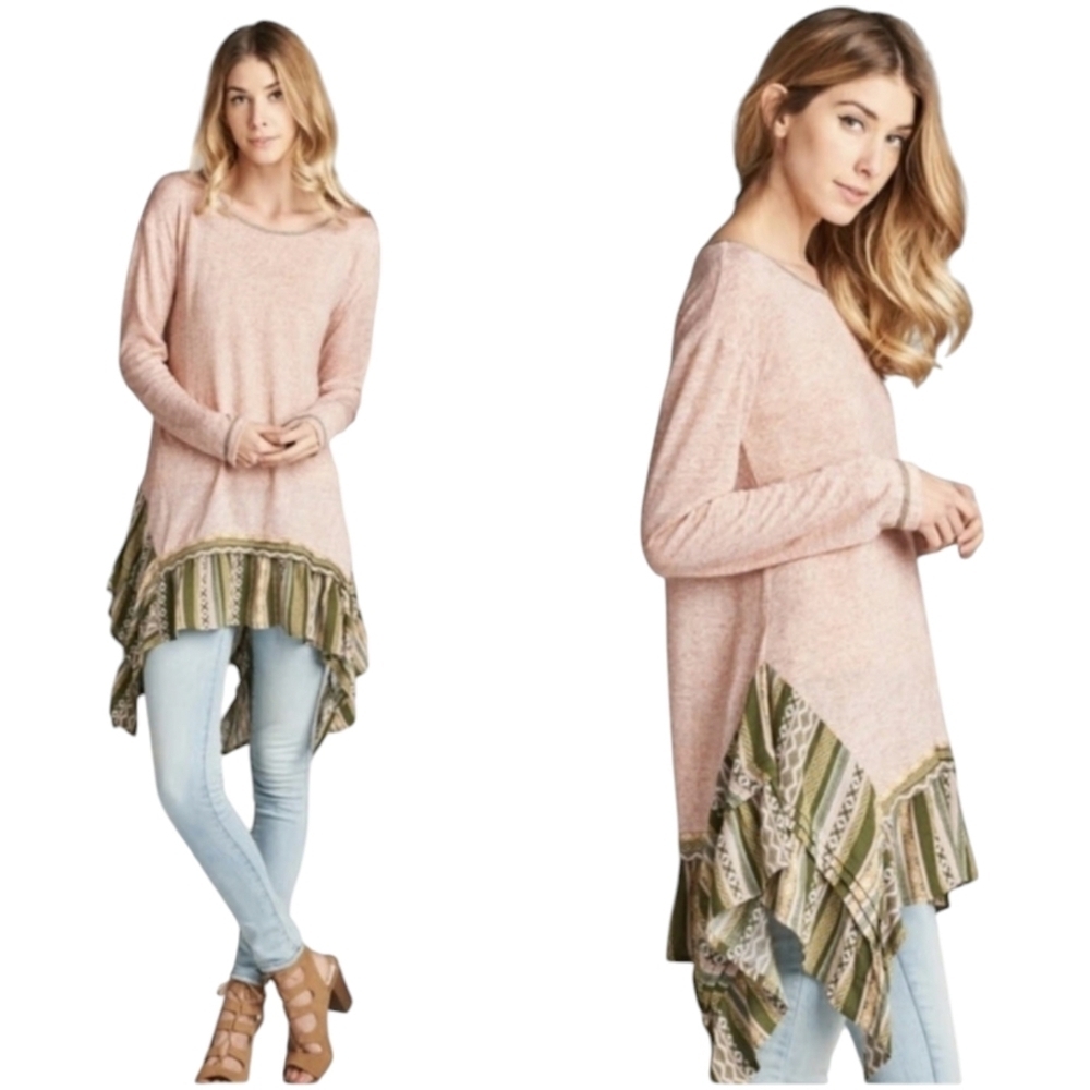 NWT Oddy Boho Tribal Shark Bite Hem Pink Ruffle Bottom Lagenlook M